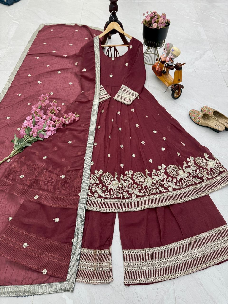 Gold Crazy Embroidery Siqunce Top Plazzo