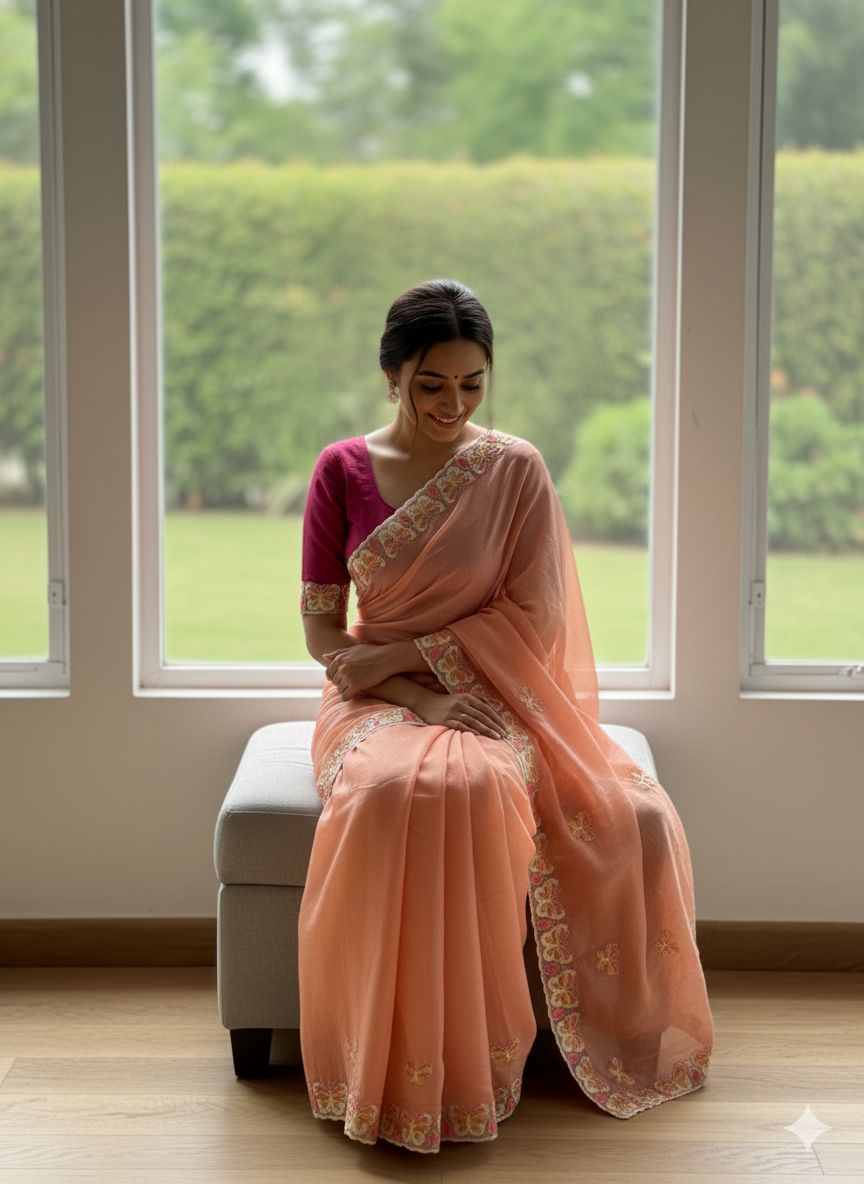 Butterfly 🦋 Motif Embroidered Crushded Organza saree