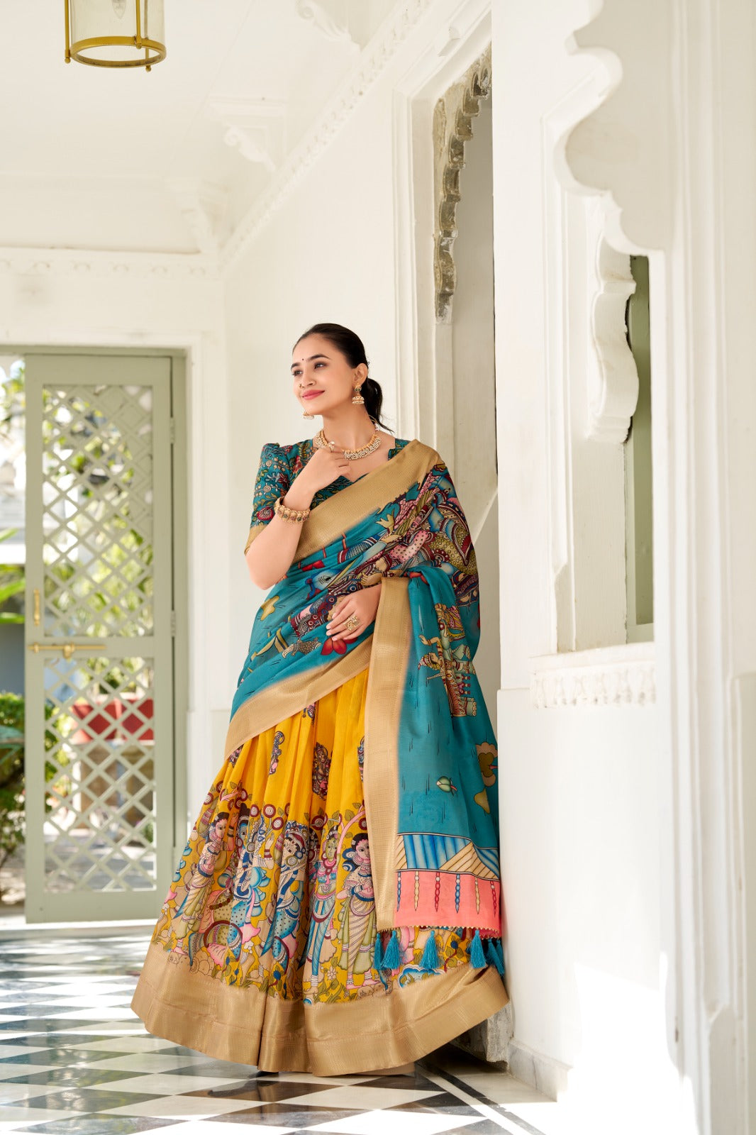 Adorned in the elegance of Dola Silk Lahenga