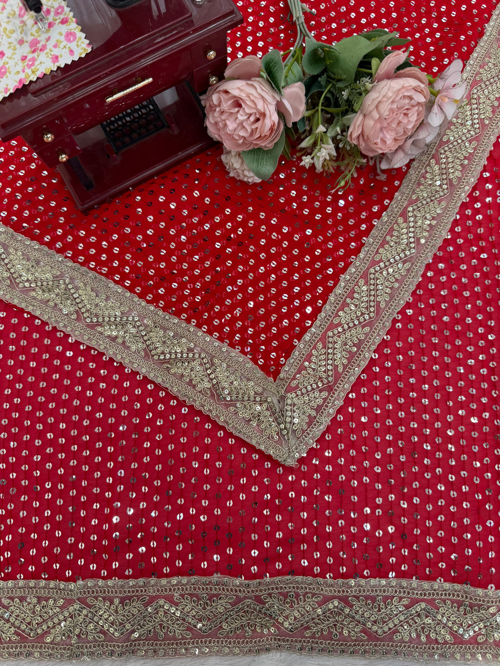 Faux Blooming Georgette Red Saree