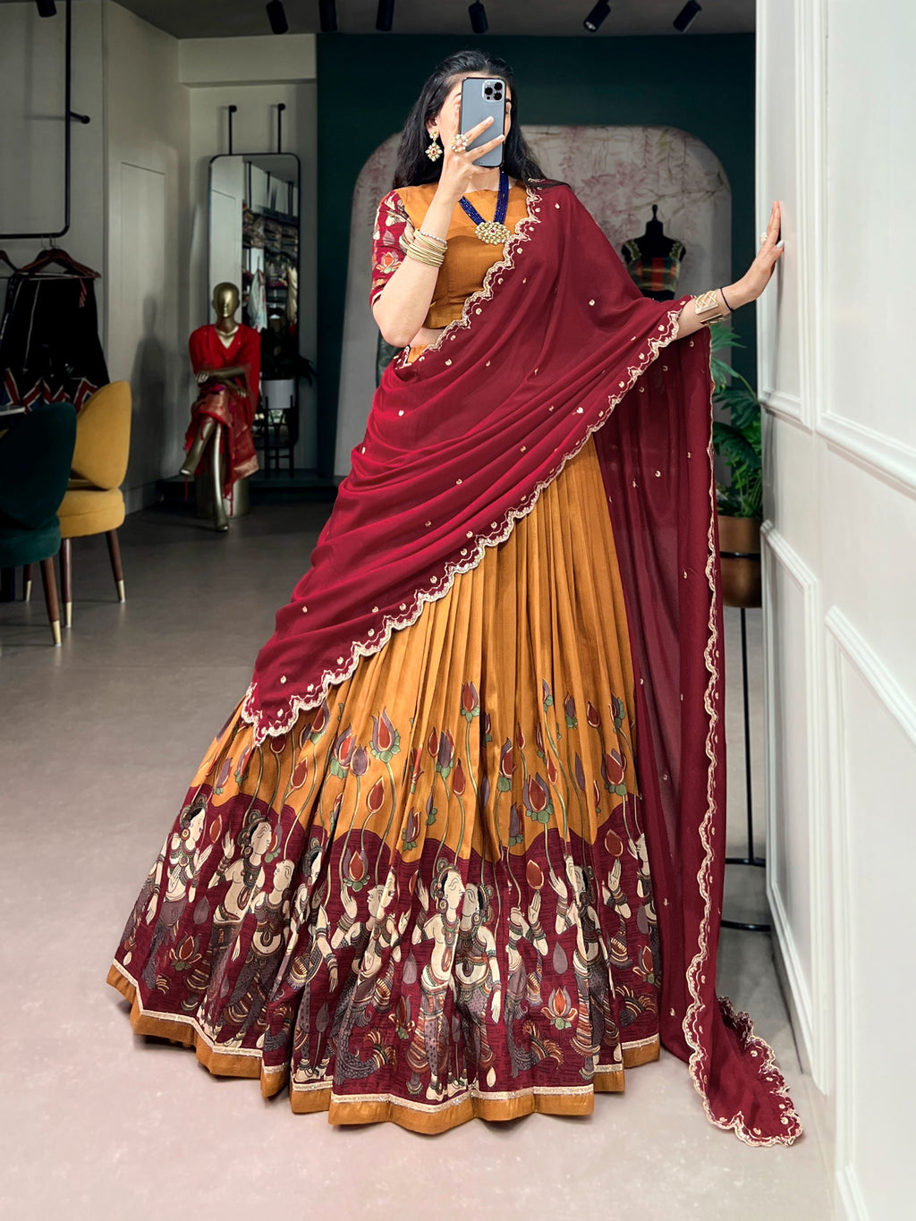 Tasar Silk Kalamkari Print Wedding lehenga