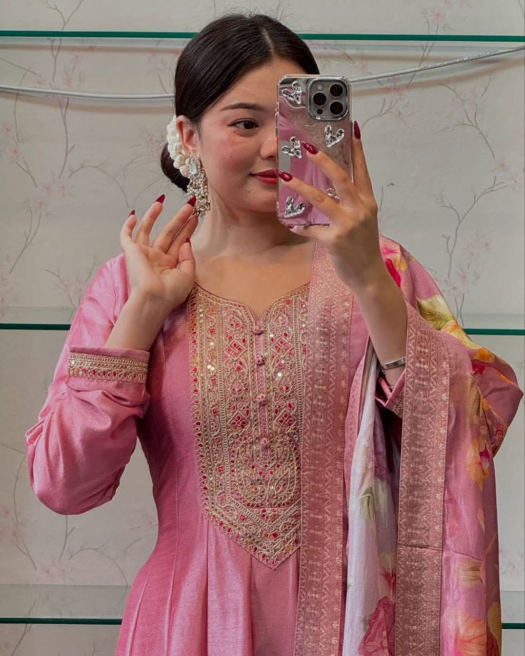 Anarkali Flared Pink Kurti Pant Dupatta Set