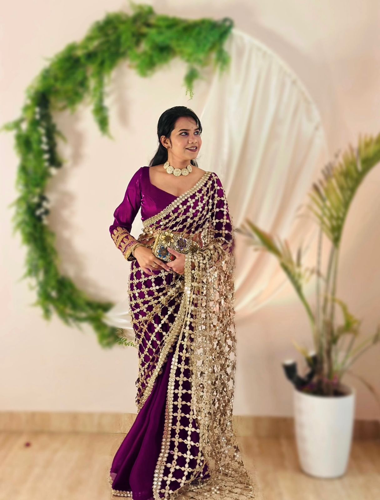 Wedding Fendy Silk Fabric with Real Mirror work Saree