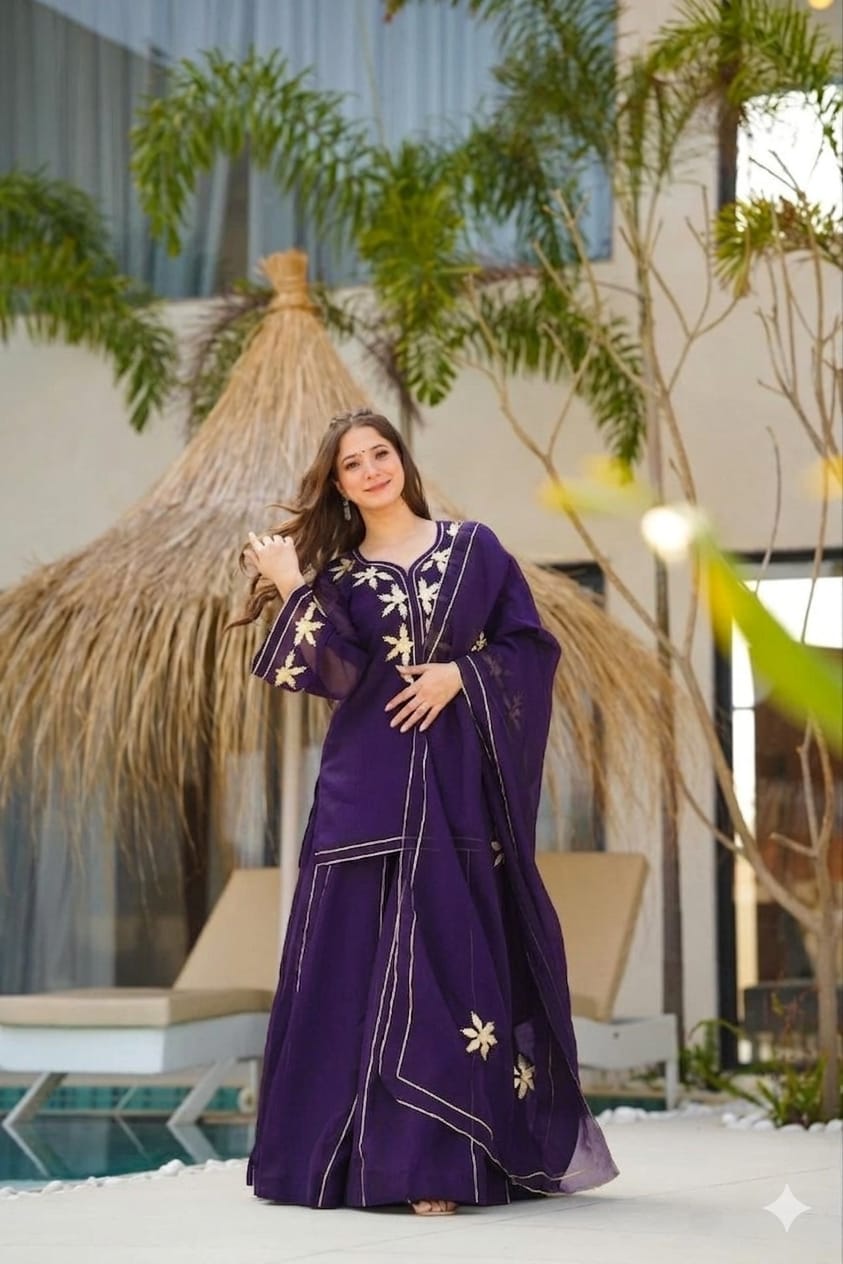 Heavenly Handmade Kurta Sharara Top Plazzo Set With Charkhi Gota Work