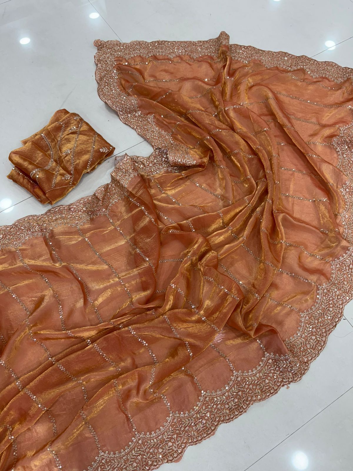 Space Sattin Muti Sequence Emrodairy Work Saree