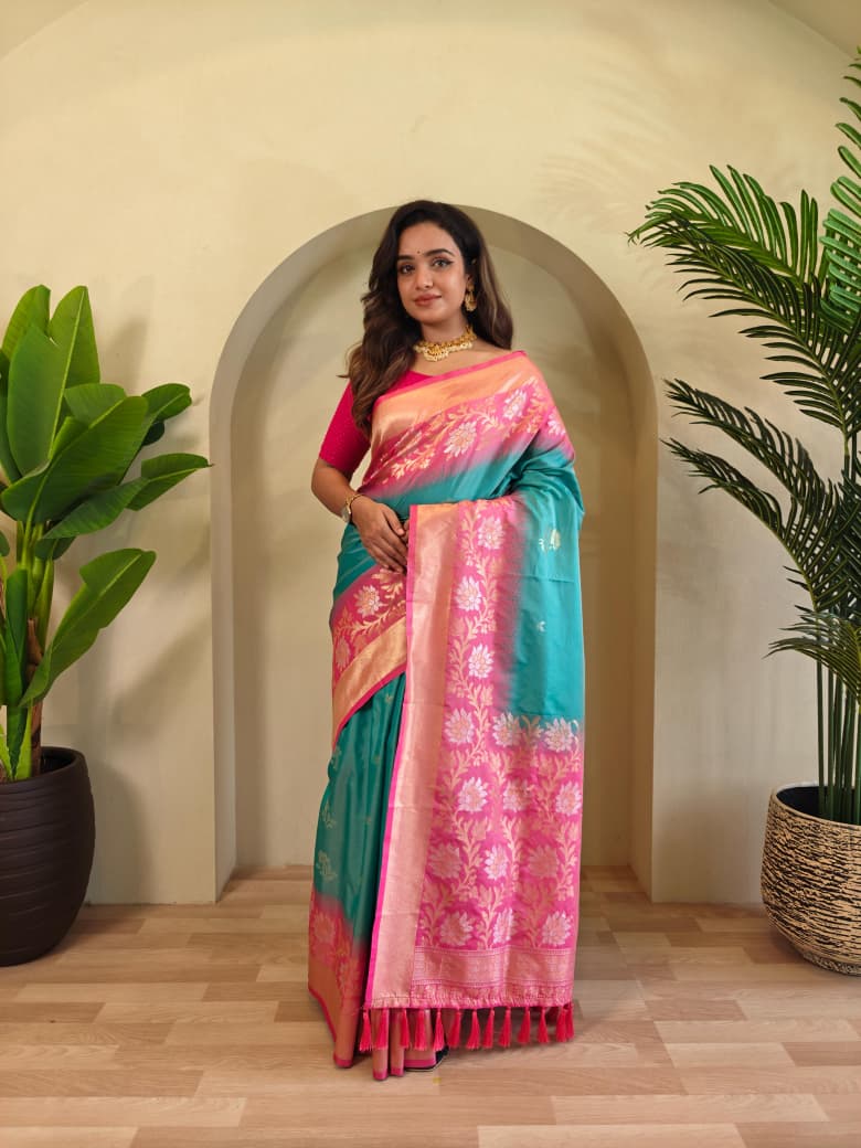 Dual tone silk sarees with all over zari weaves