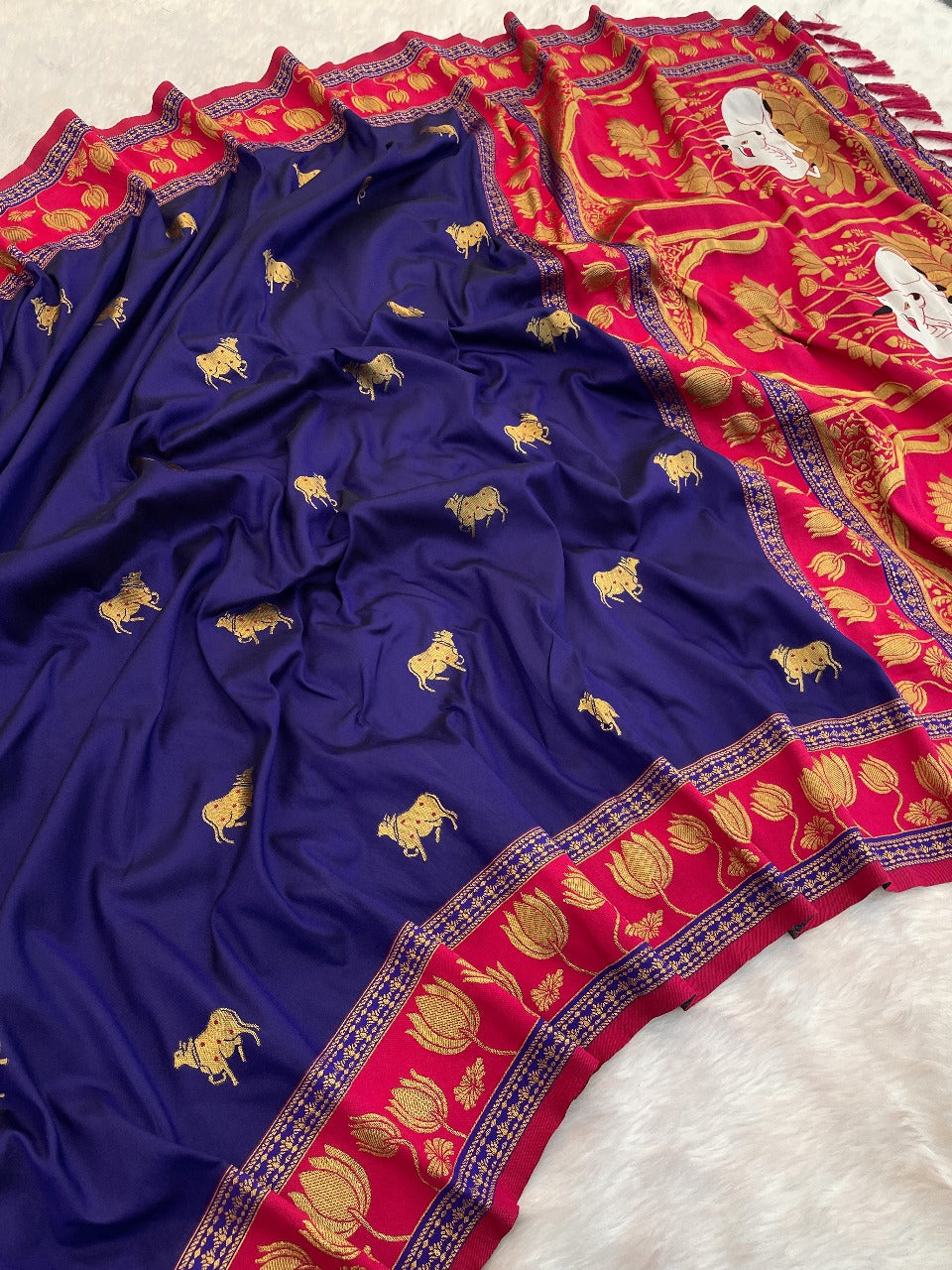 Soft Silk Paithani Saree With Cow nanadi motifs