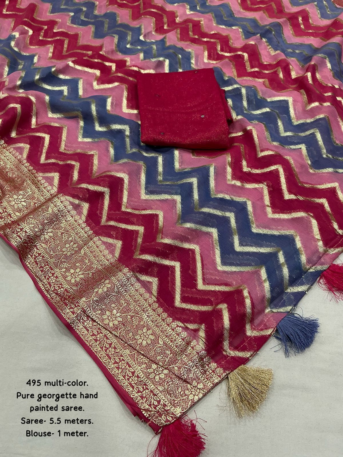 Pure georgette saree with zari woven zig zag