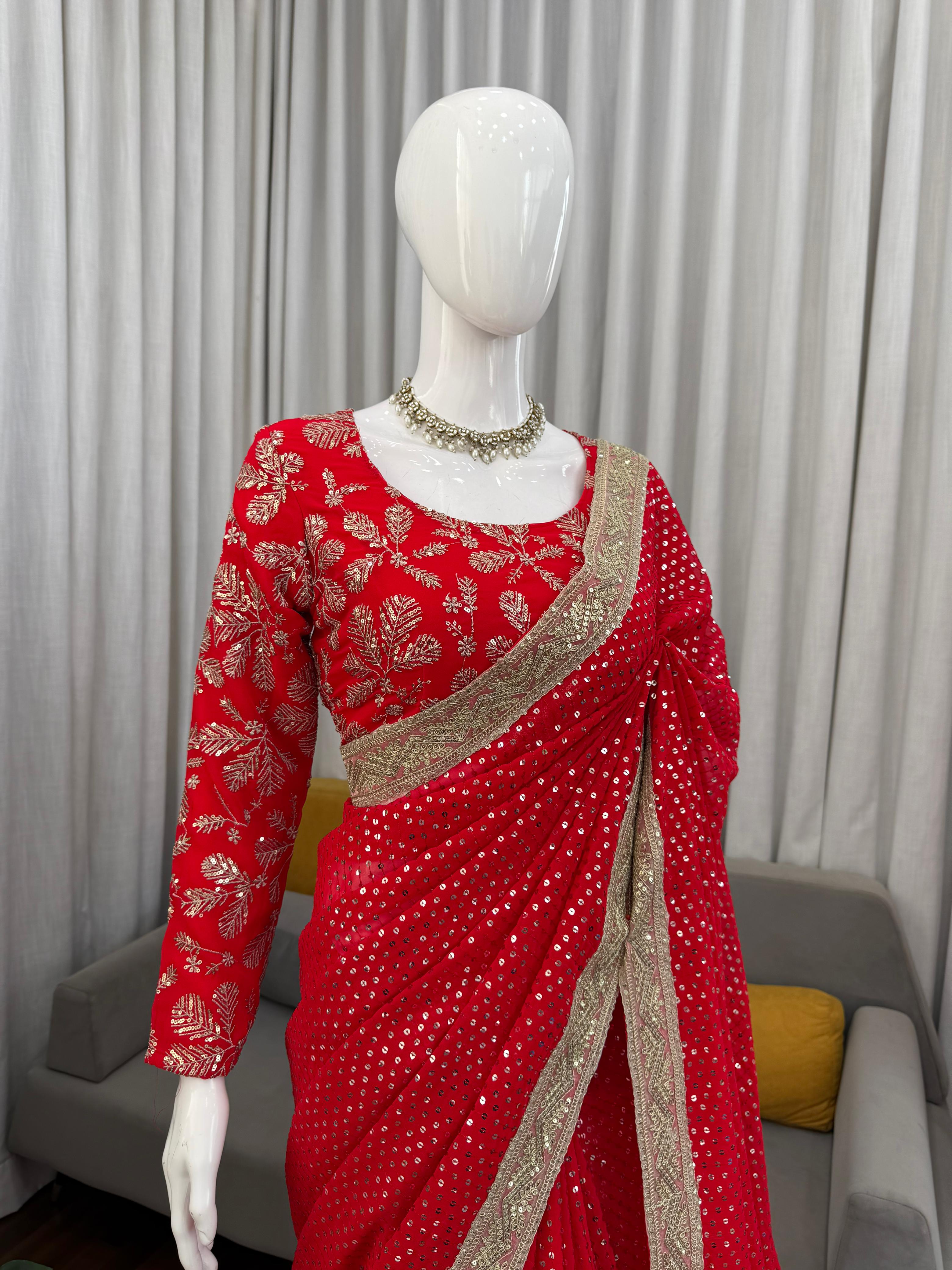 Faux Blooming Georgette Red Saree