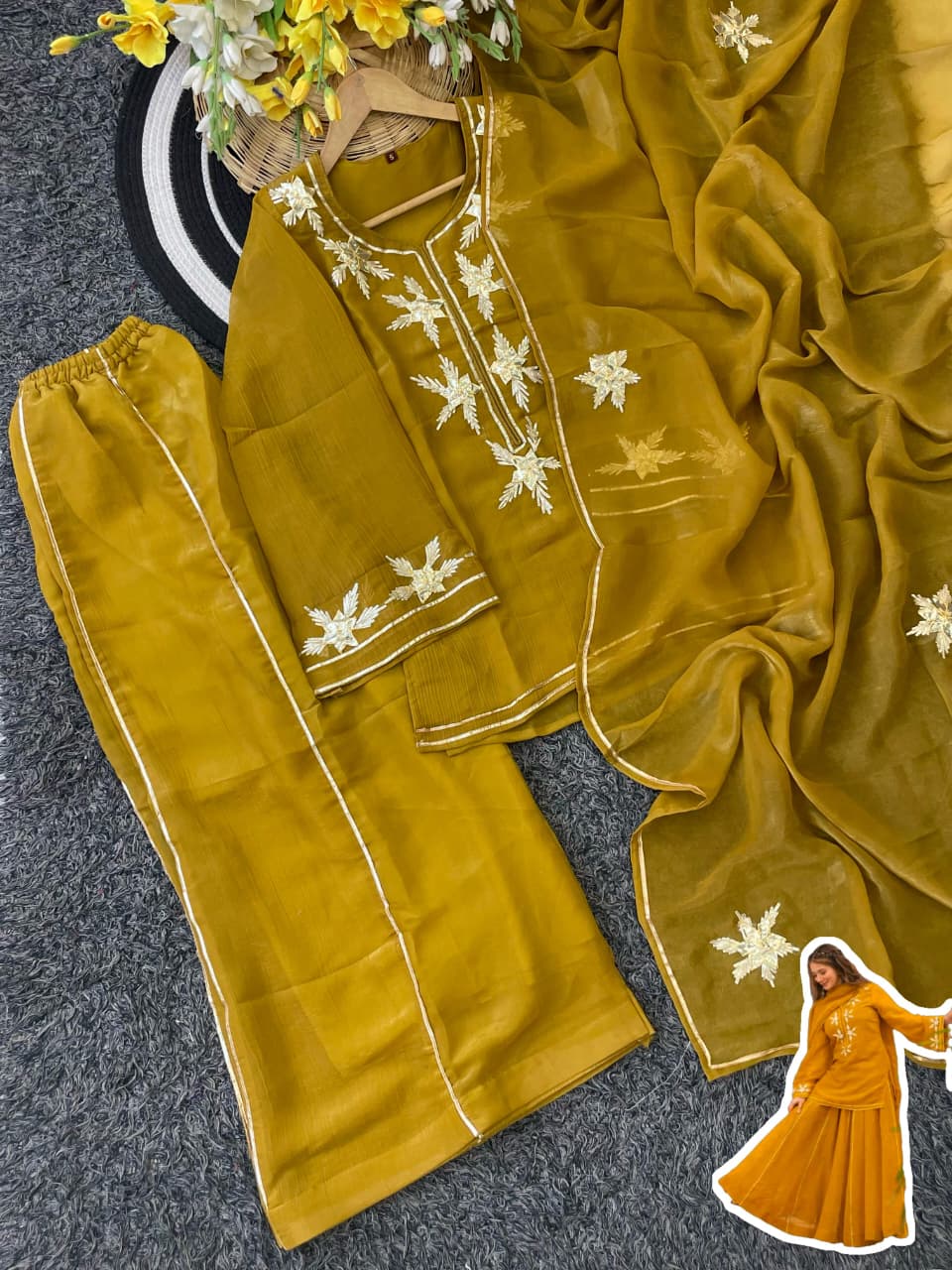 Heavenly Handmade Kurta Sharara Top Plazzo Set With Charkhi Gota Work