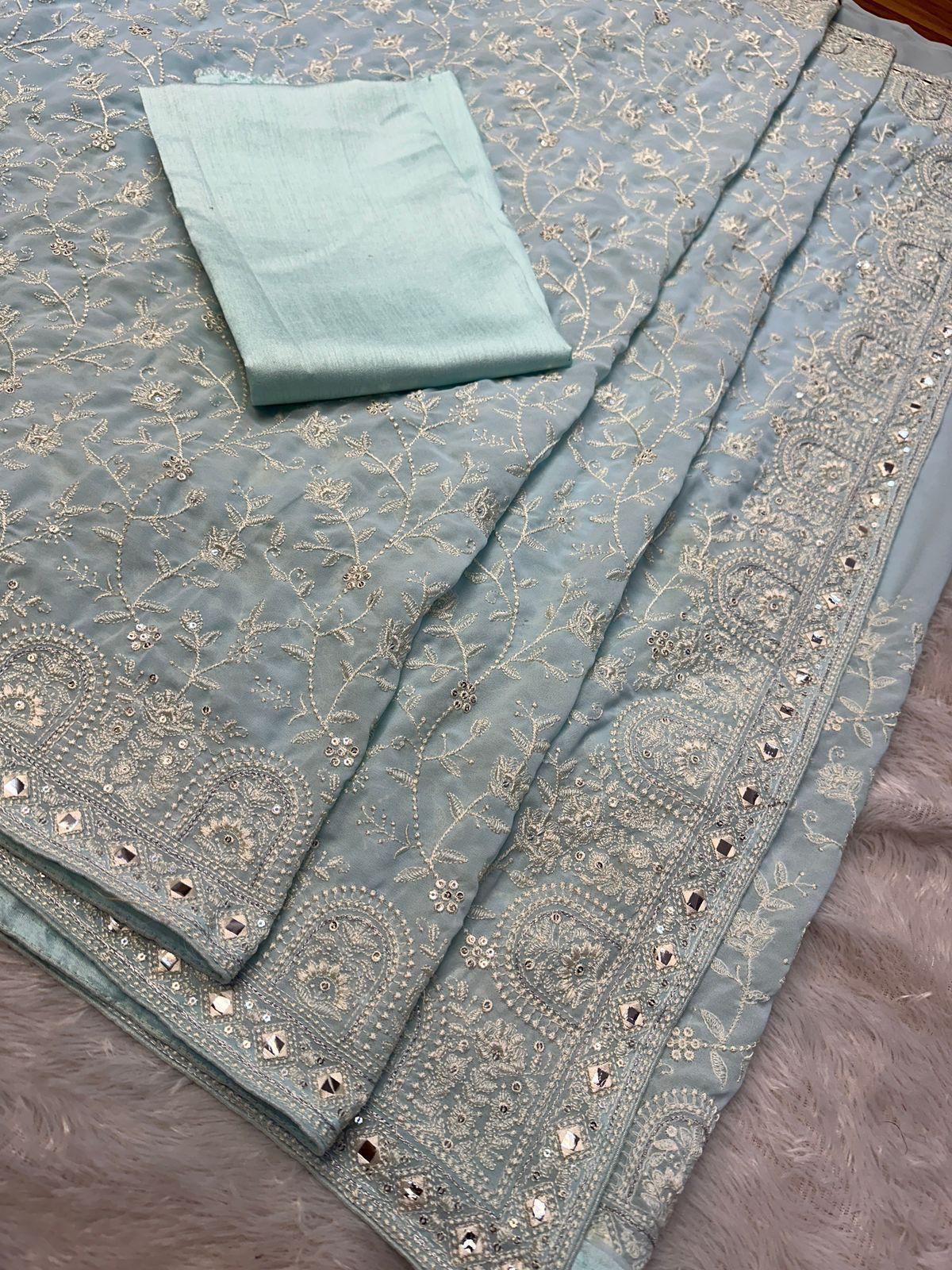 Faux geogert saree with white thread & seqnce