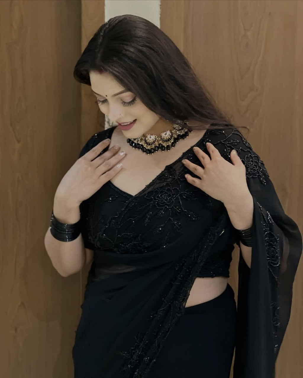 Beautiful Jet Black Georgette Saree