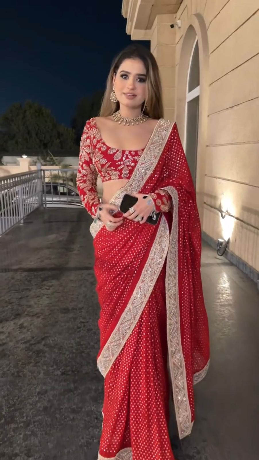 Faux Blooming Georgette Red Saree