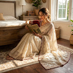 Grand party wear saree in original gold beeds work