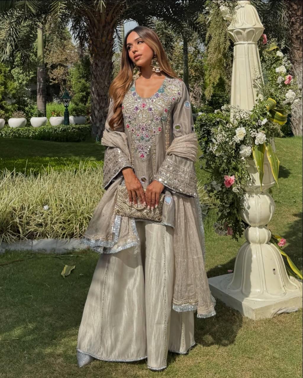 HEAVY NATURAL CREAP TOP SHARARA DUPATTA