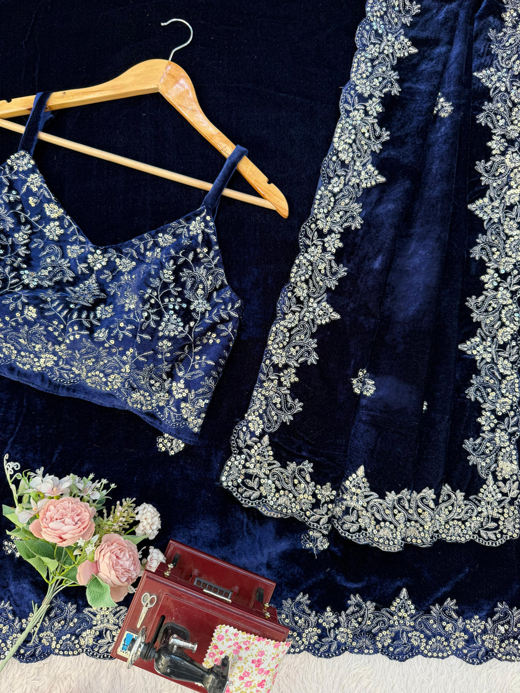 Viscose Velvet Nevy Blue Wedding Saree