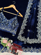 Viscose Velvet Nevy Blue Wedding Saree