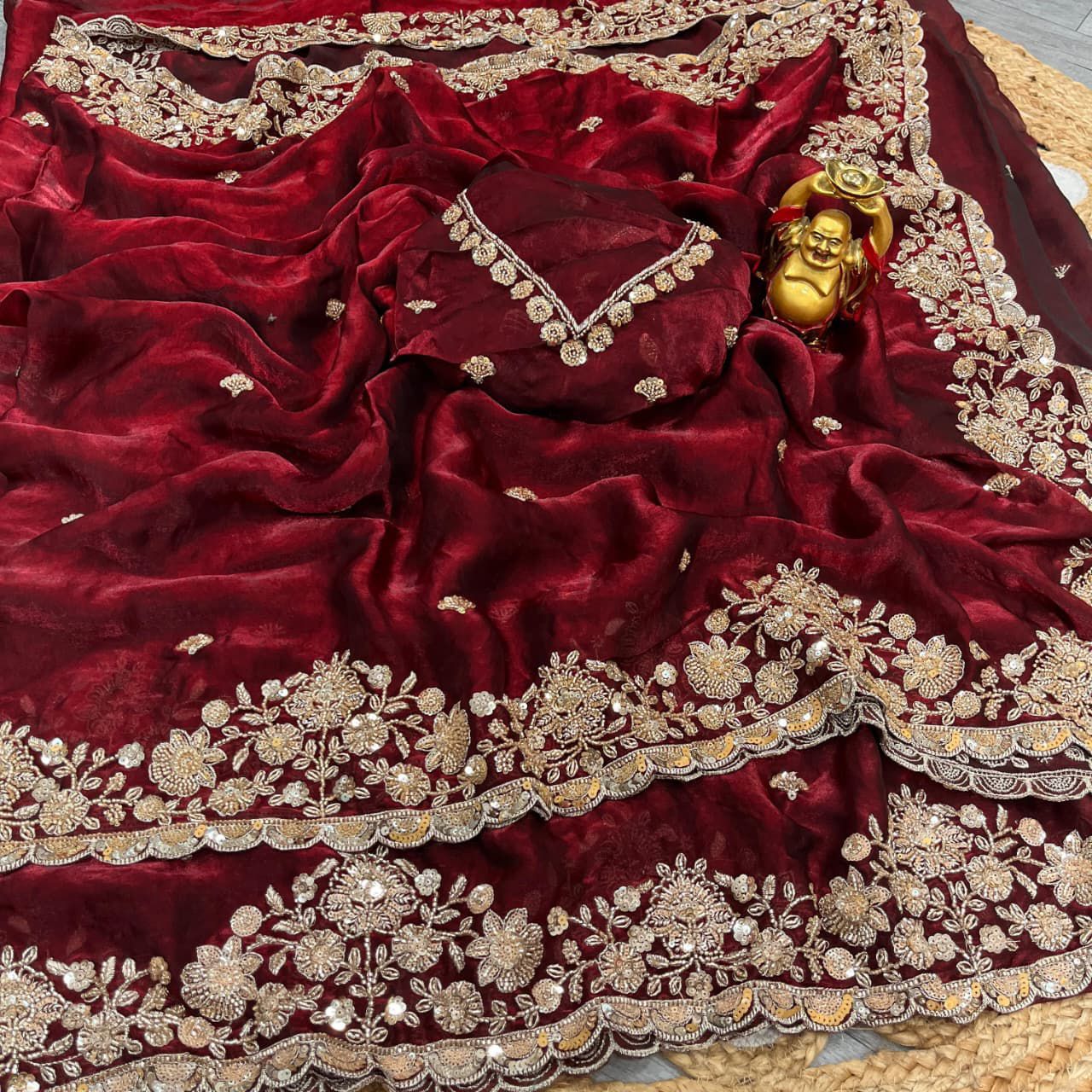 Grand party wear saree in original gold beeds work