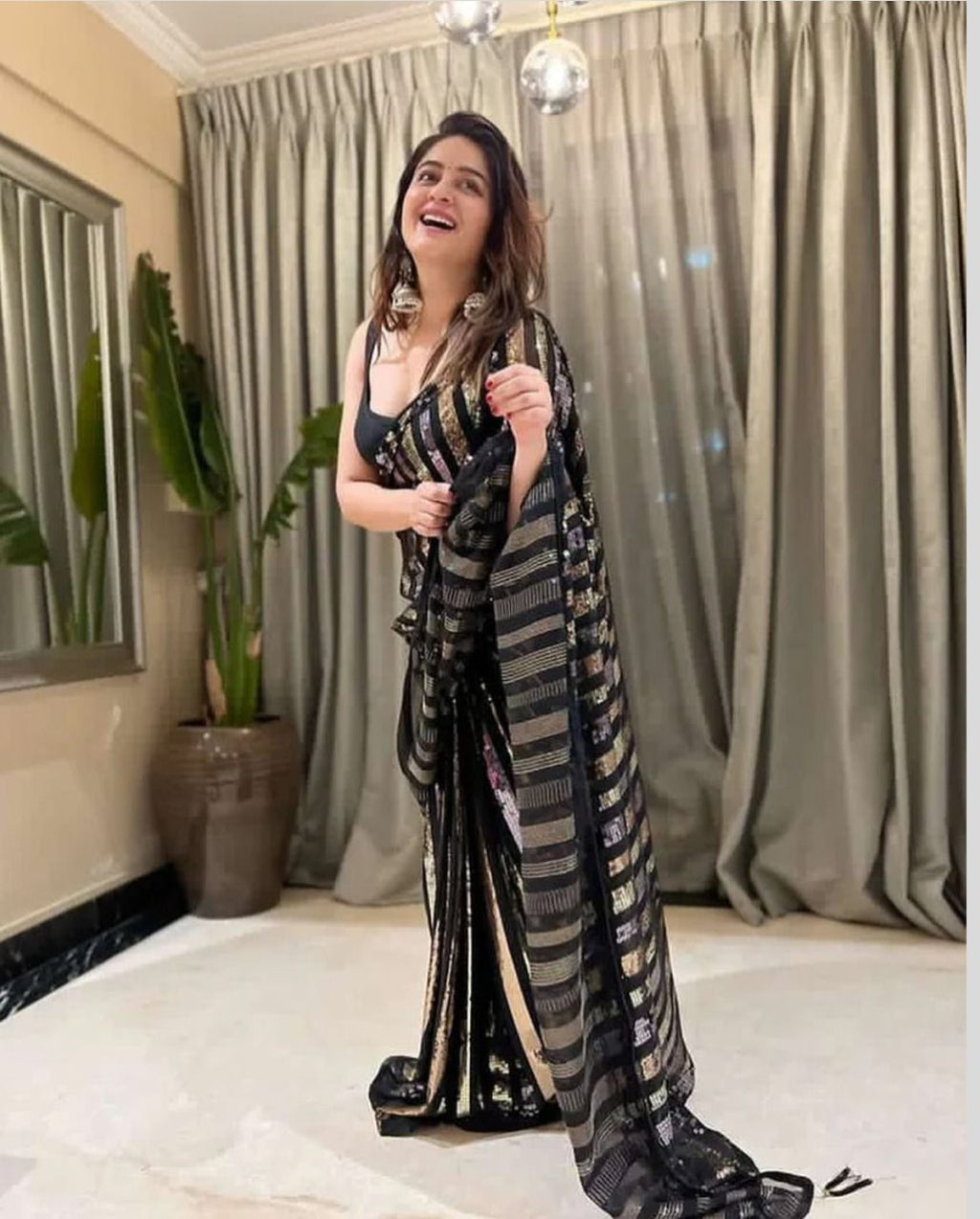 Beautiful Triple Sequence Embroidery Heavy Georgette Saree