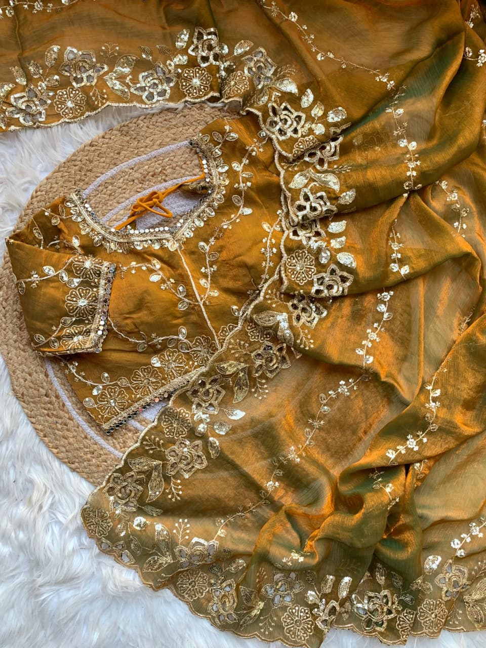 Fendy Chiffon Fabric  Beautiful Embroidery Wedding Saree