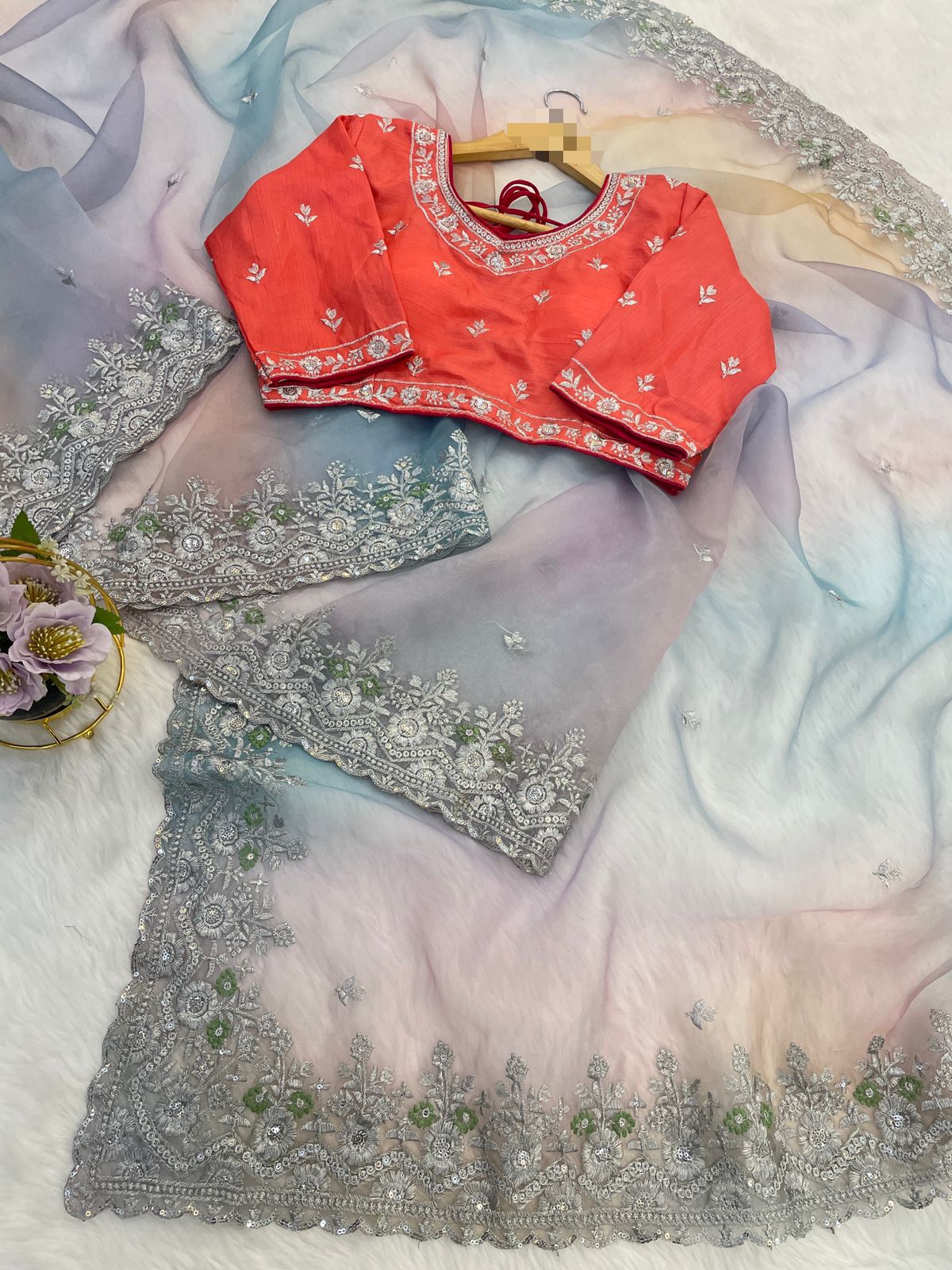 Soft Satin Organza Lehariya Print  Saree