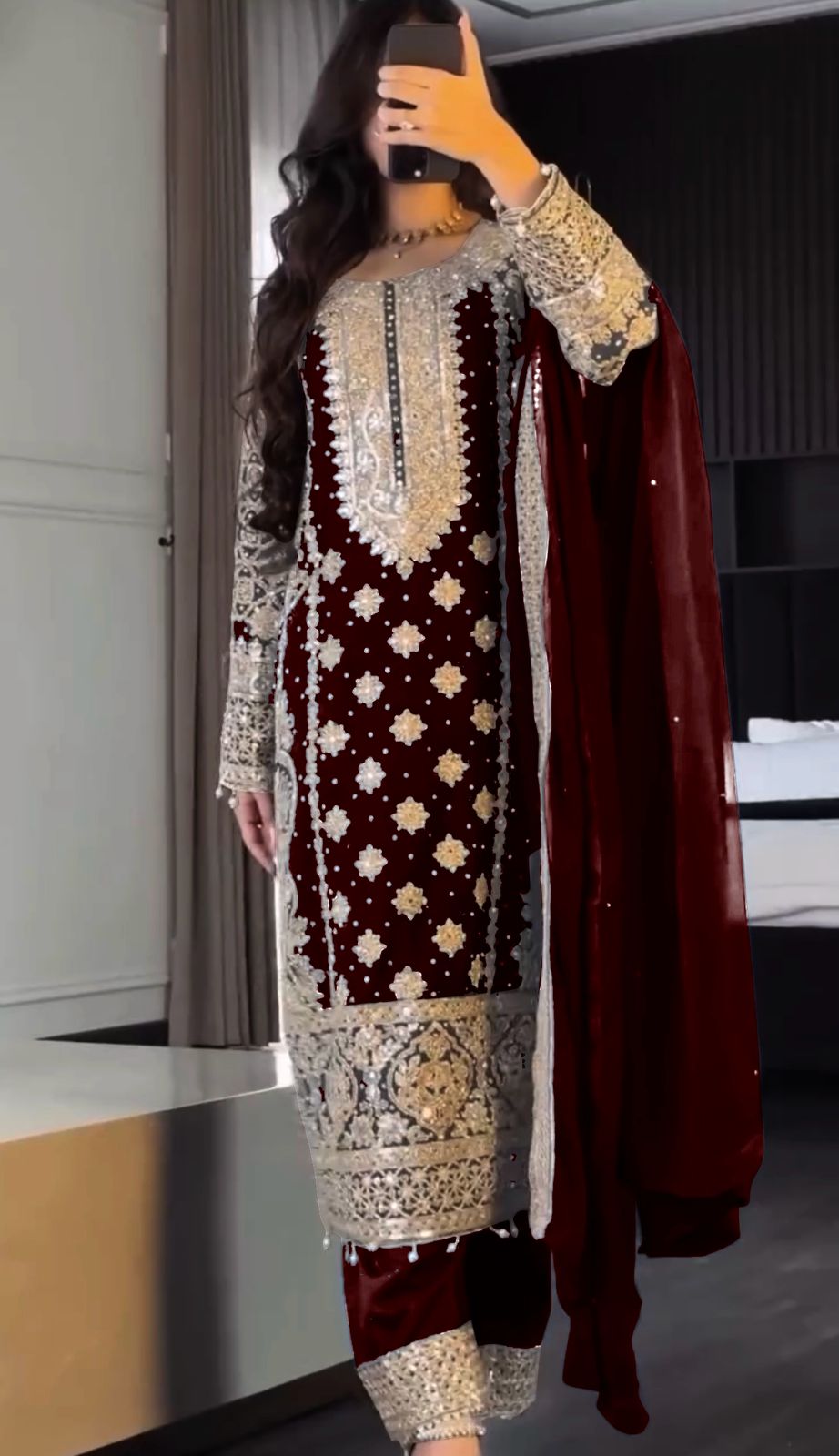 Faux Georgette  Heavy Embroidery Sequence Work Top-Bottom And Dupatta SeT