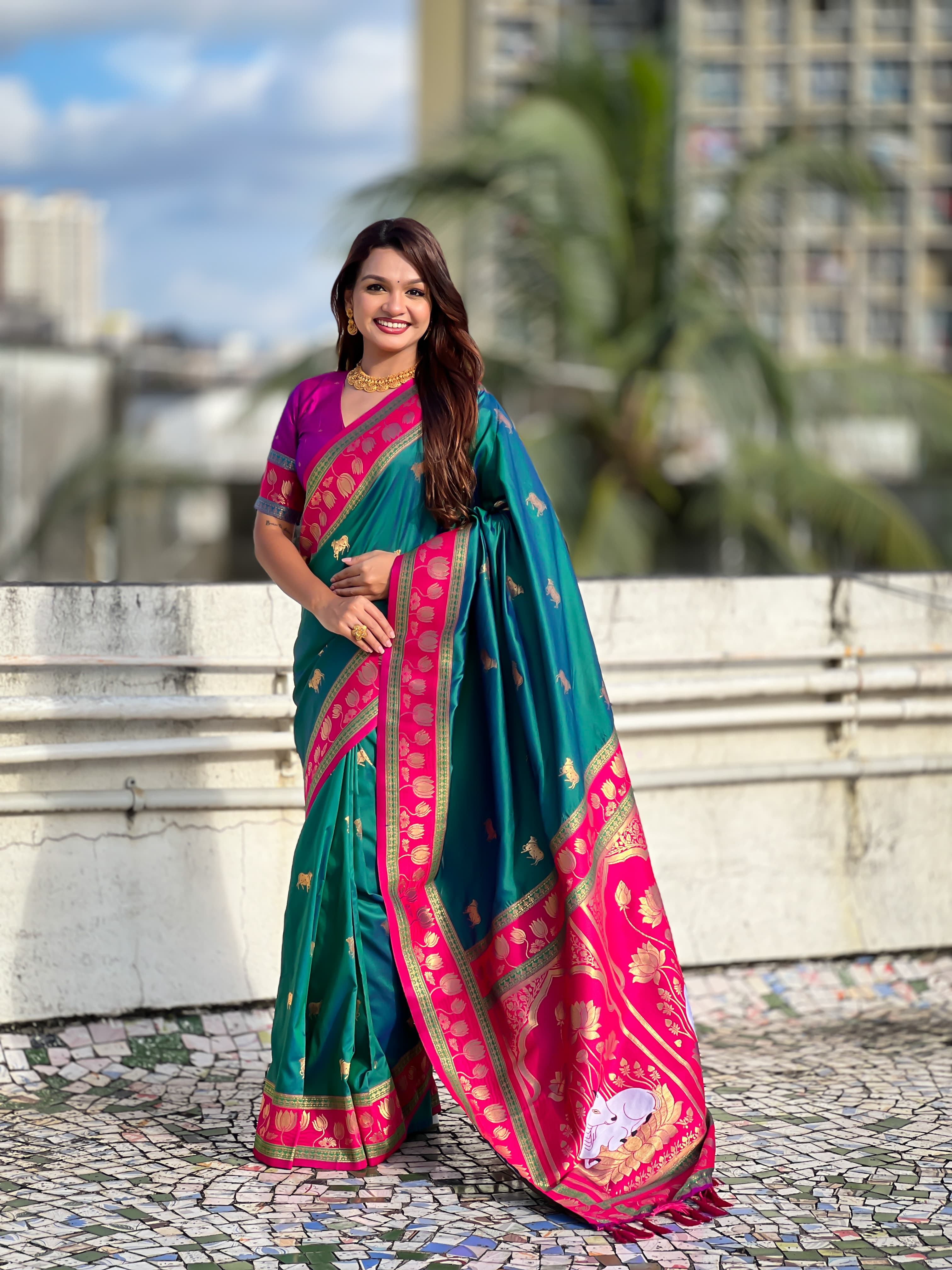 Soft Silk Paithani Saree With Cow nanadi motifs