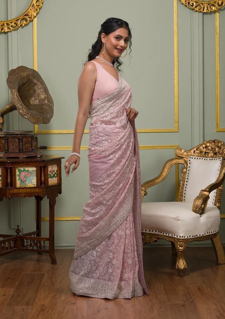 Faux geogert saree with white thread & seqnce
