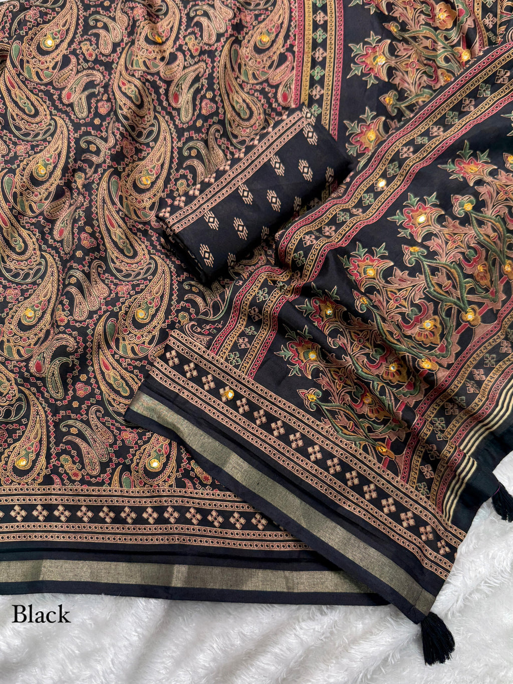 Ajrakh Print Mirror Work Saree