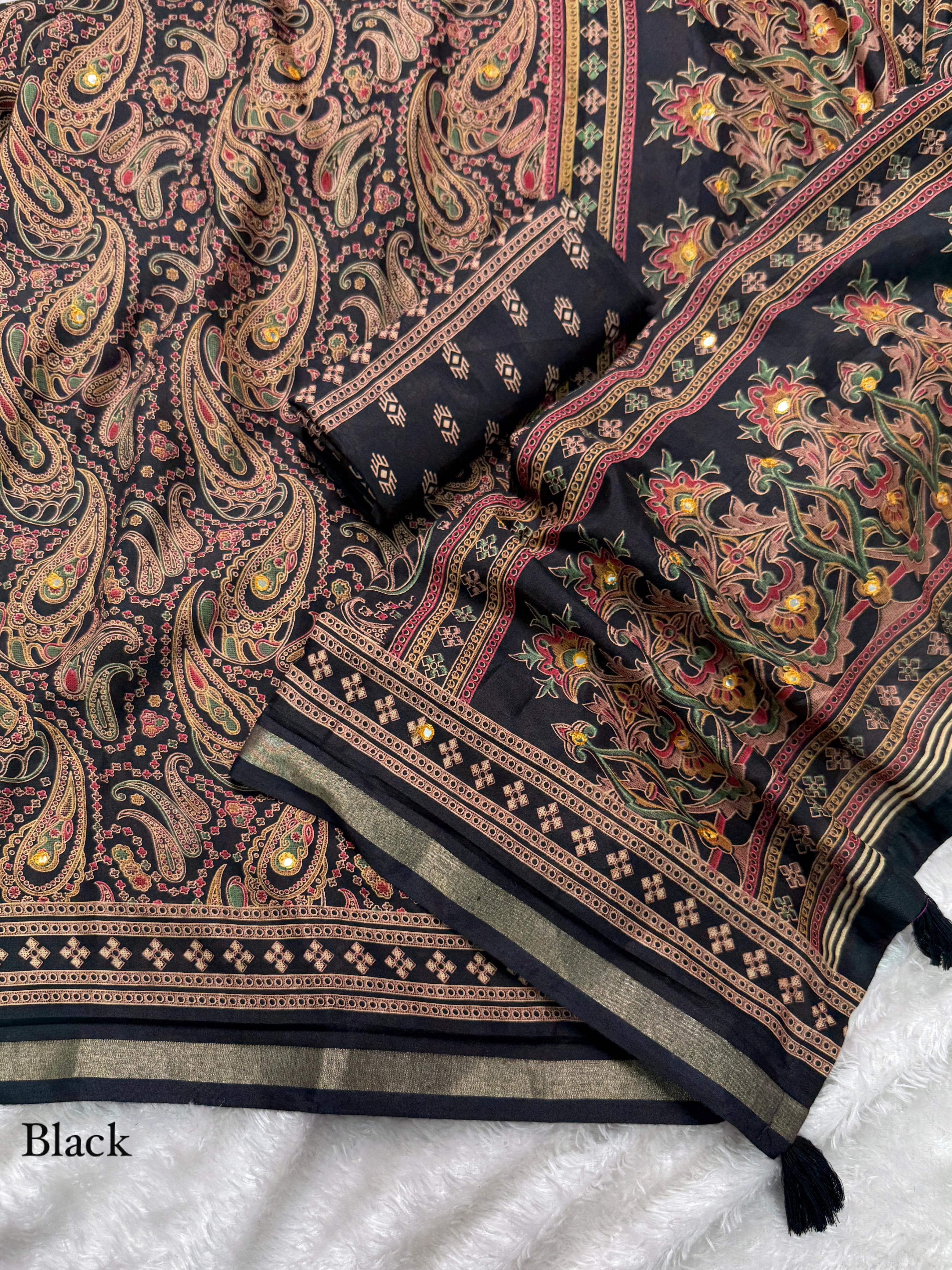 Ajrakh Print Mirror Work Saree