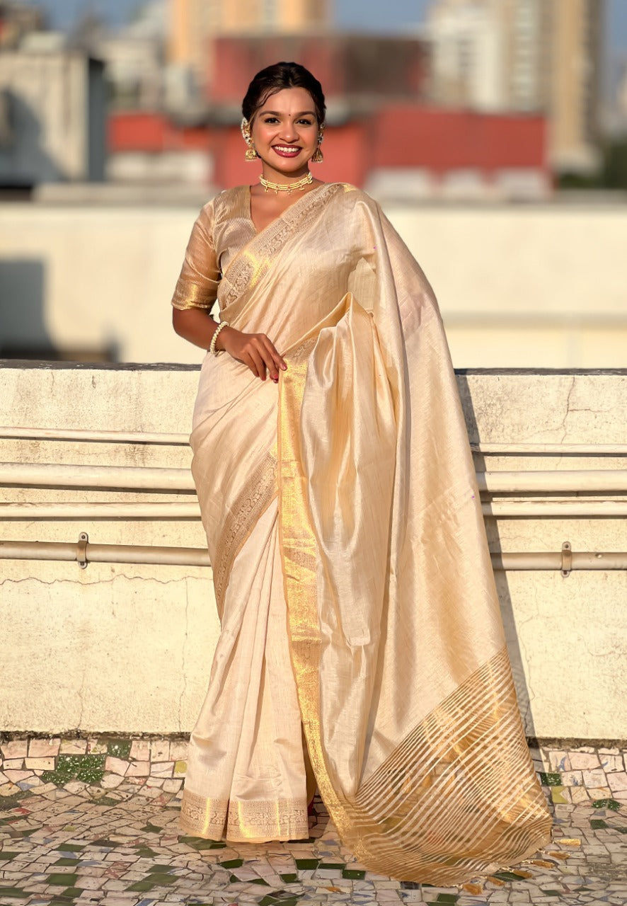 Plain Tussar Silk Sarees with zari woven border