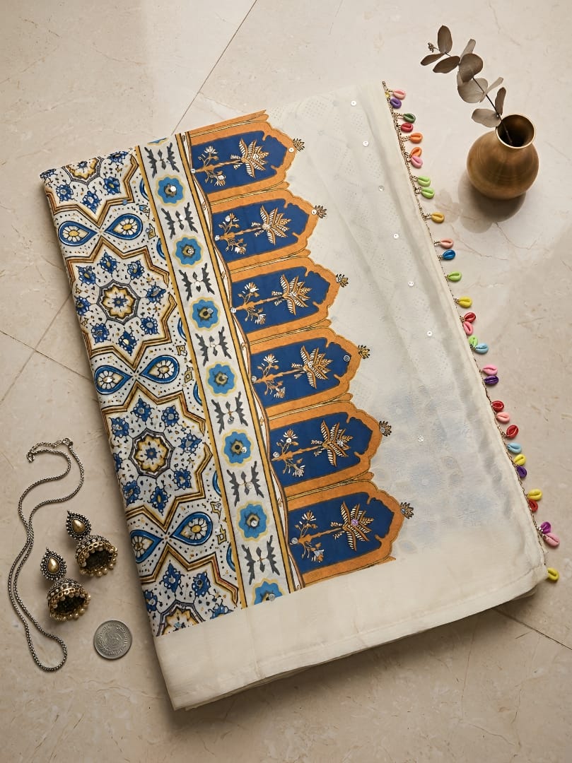 Viral Ajrak Mirror Work Saree