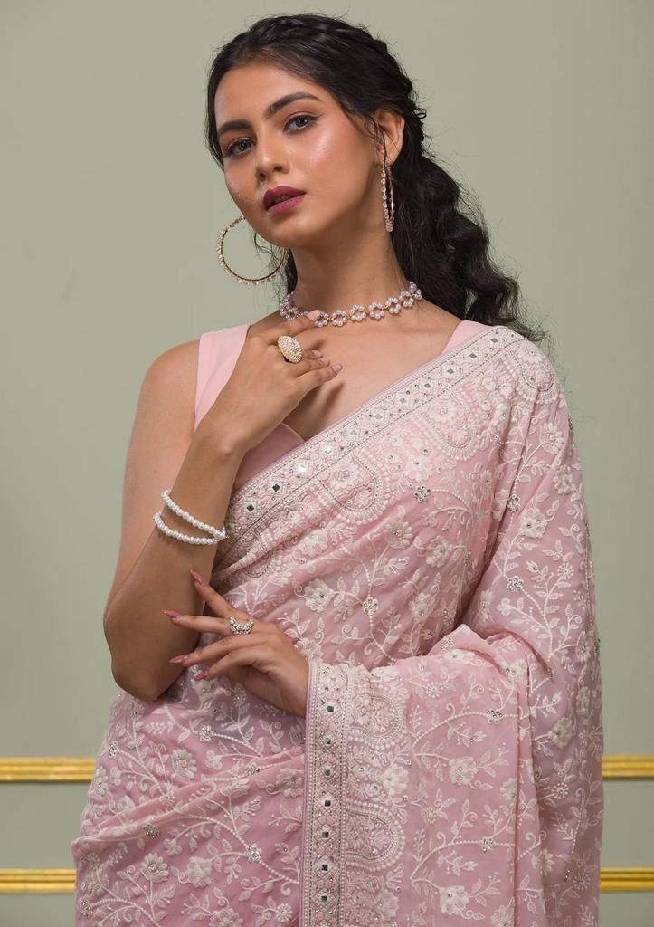 Faux Georgette Saree With White Thread