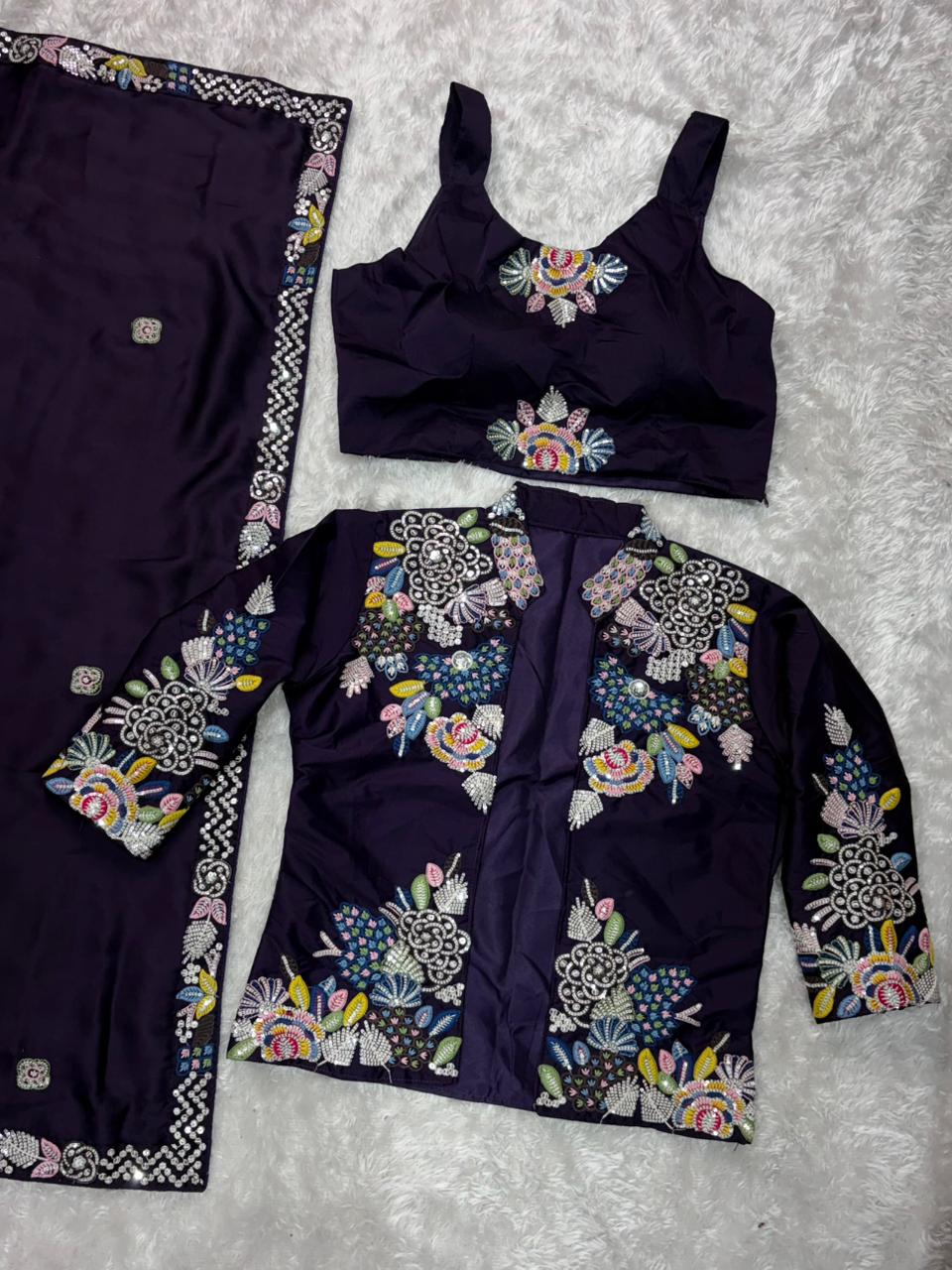 Partywear Beauty Embroidery Work Saree With Stich koti