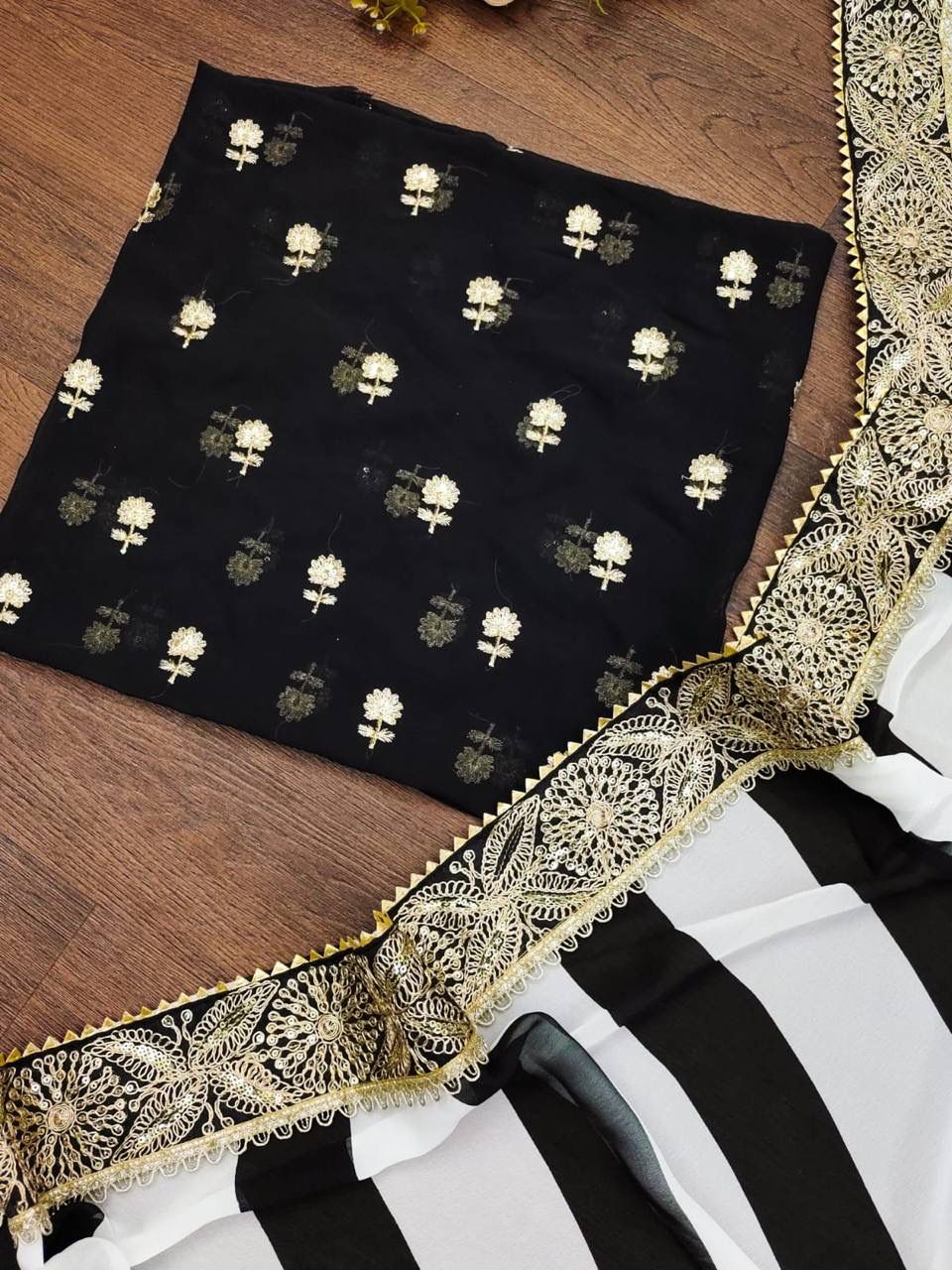 Faux Georgette Black and White Saree