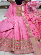 Anarkali Flared Pink Kurti Pant Dupatta Set