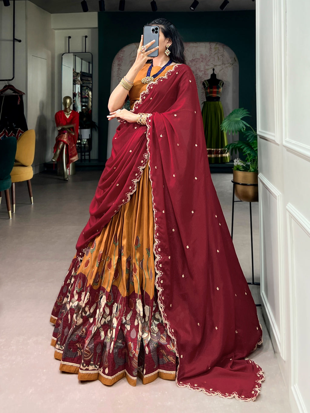 Tasar Silk Kalamkari Print Wedding lehenga