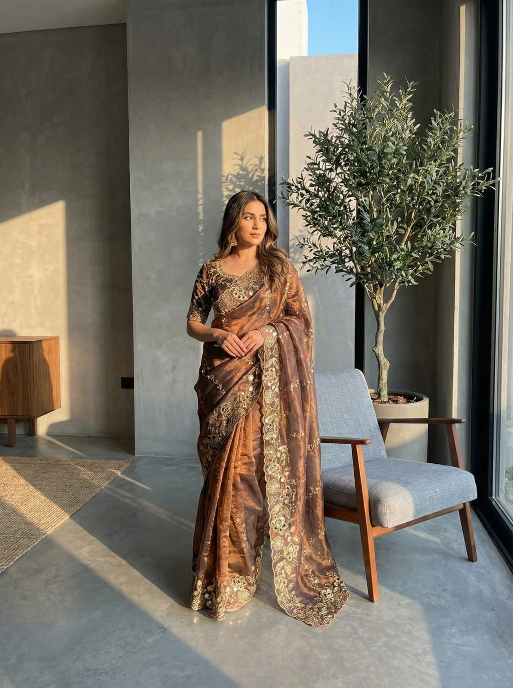 Fendy Chiffon Fabric  Beautiful Embroidery Wedding Saree