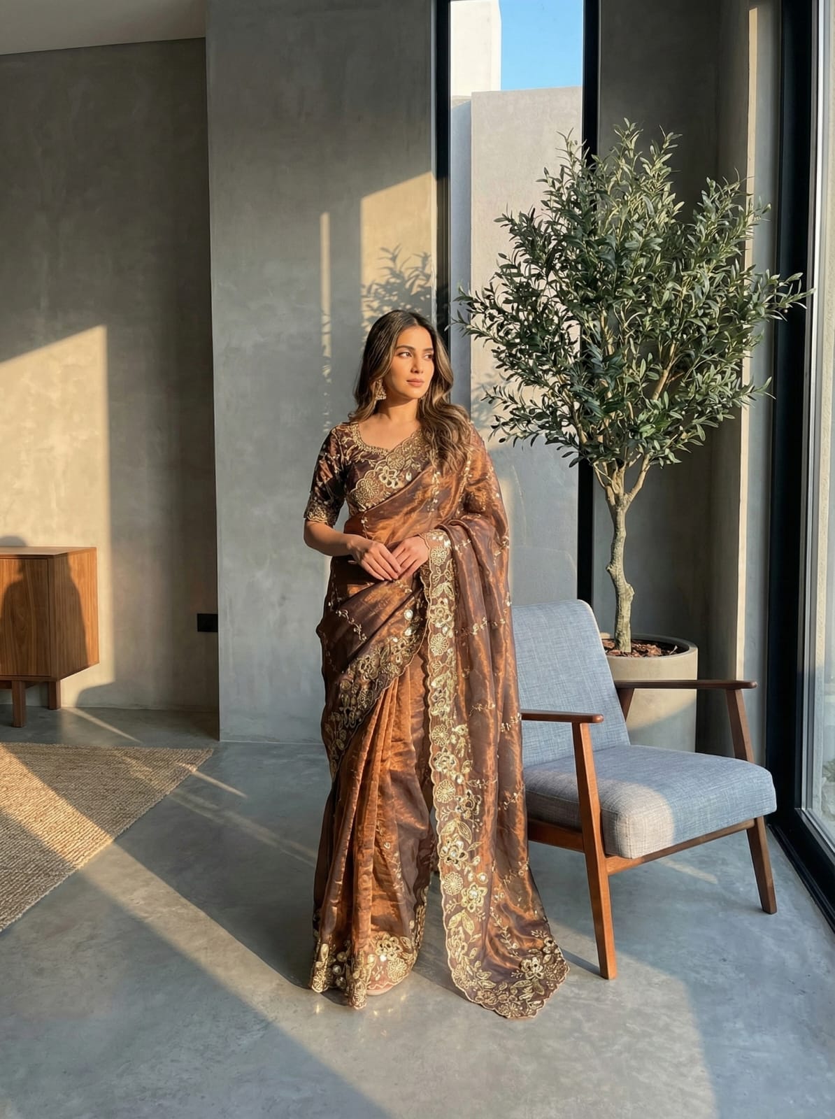 Fendy Chiffon Fabric  Beautiful Embroidery Wedding Saree