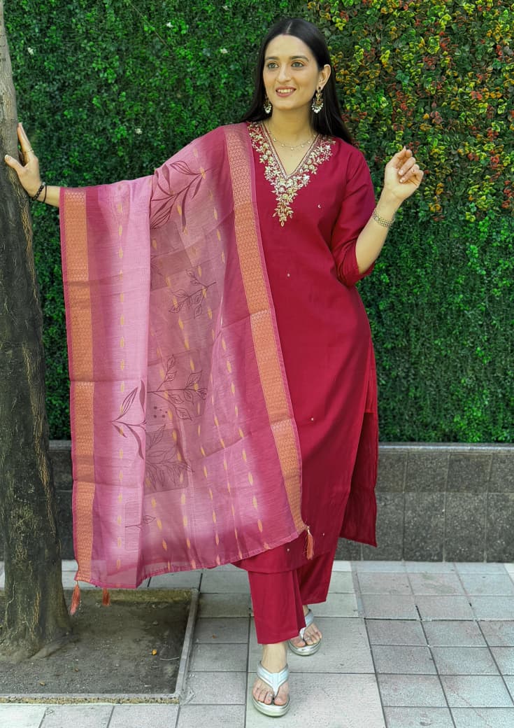 Premium Roman Silk Kurti Pent Dupatta