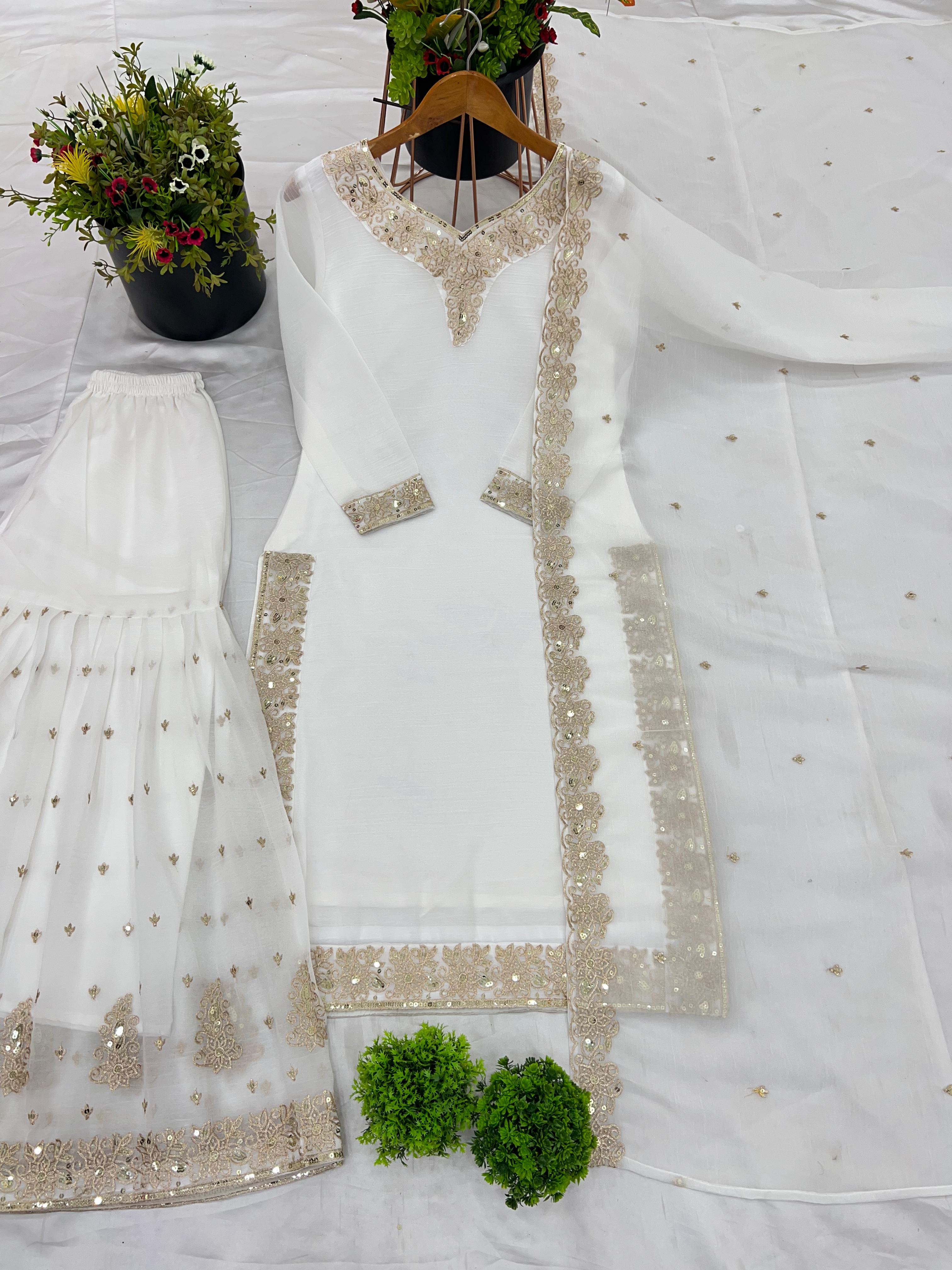White Party Wear Look Top-Dupatta
