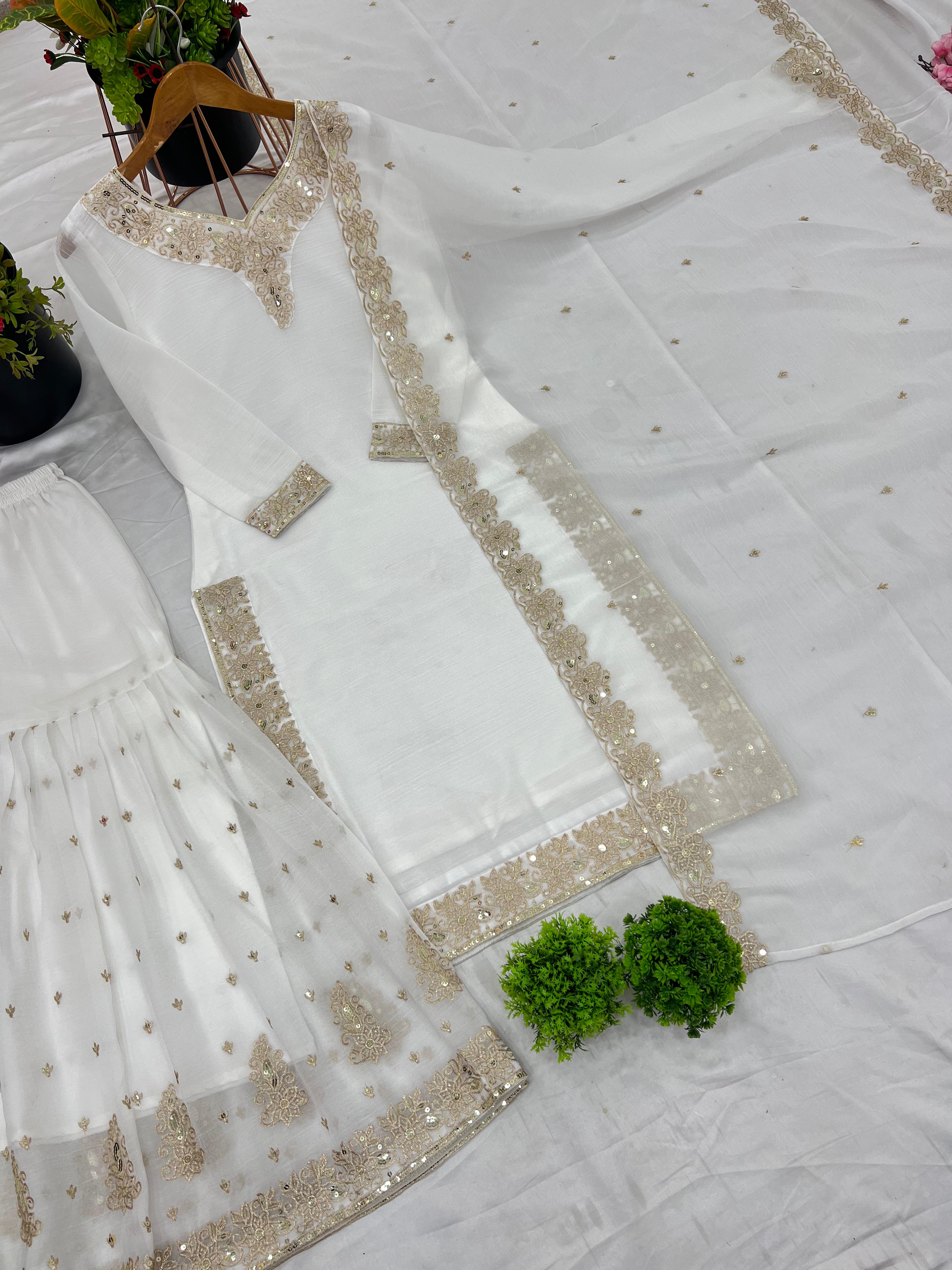 White Party Wear Look Top-Dupatta