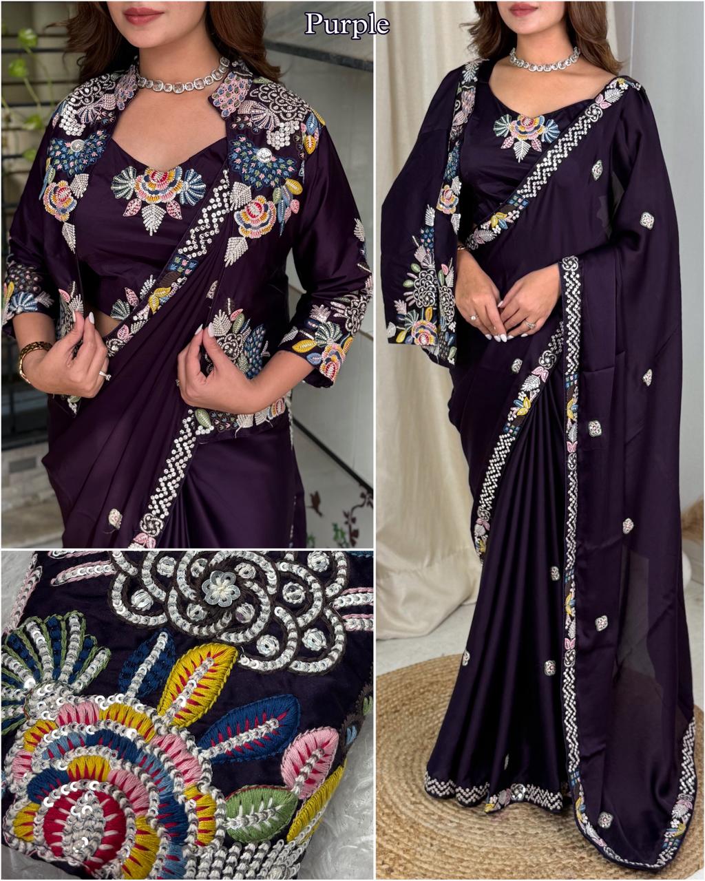 Partywear Beauty Embroidery Work Saree With Stich koti