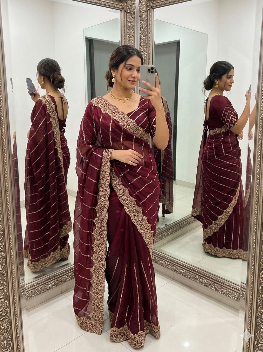 Space Sattin Muti Sequence Emrodairy Work Saree