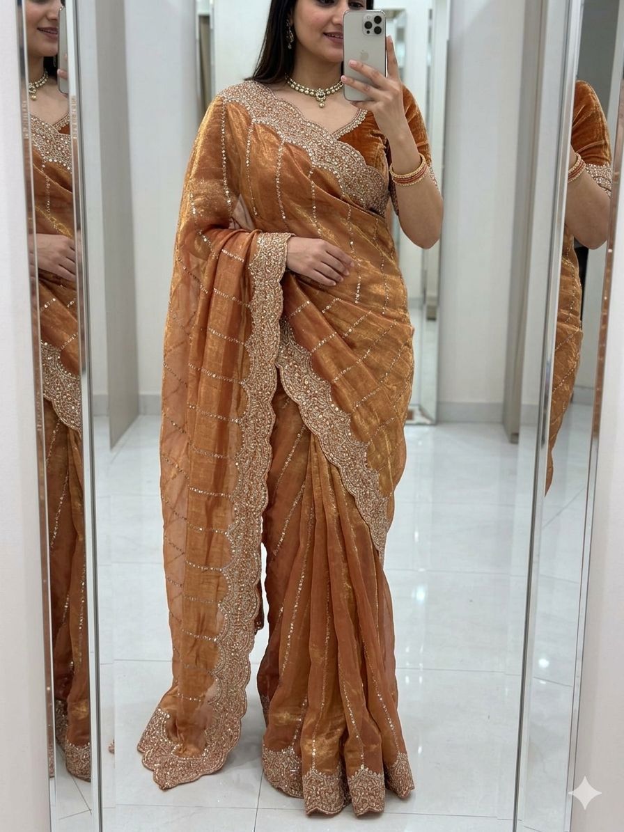 Space Sattin Muti Sequence Emrodairy Work Saree