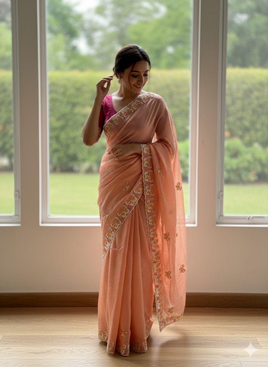 Butterfly 🦋 Motif Embroidered Crushded Organza saree