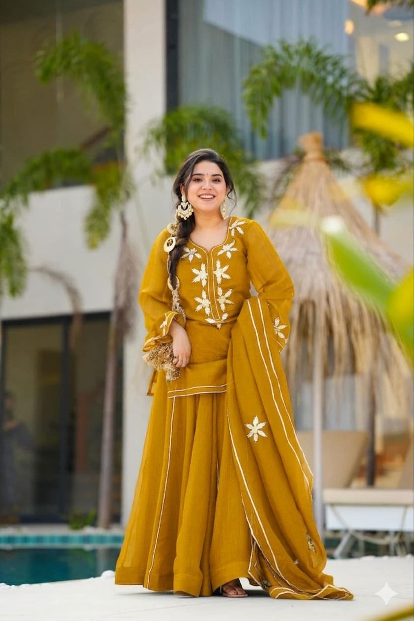 Heavenly Handmade Kurta Sharara Top Plazzo Set With Charkhi Gota Work