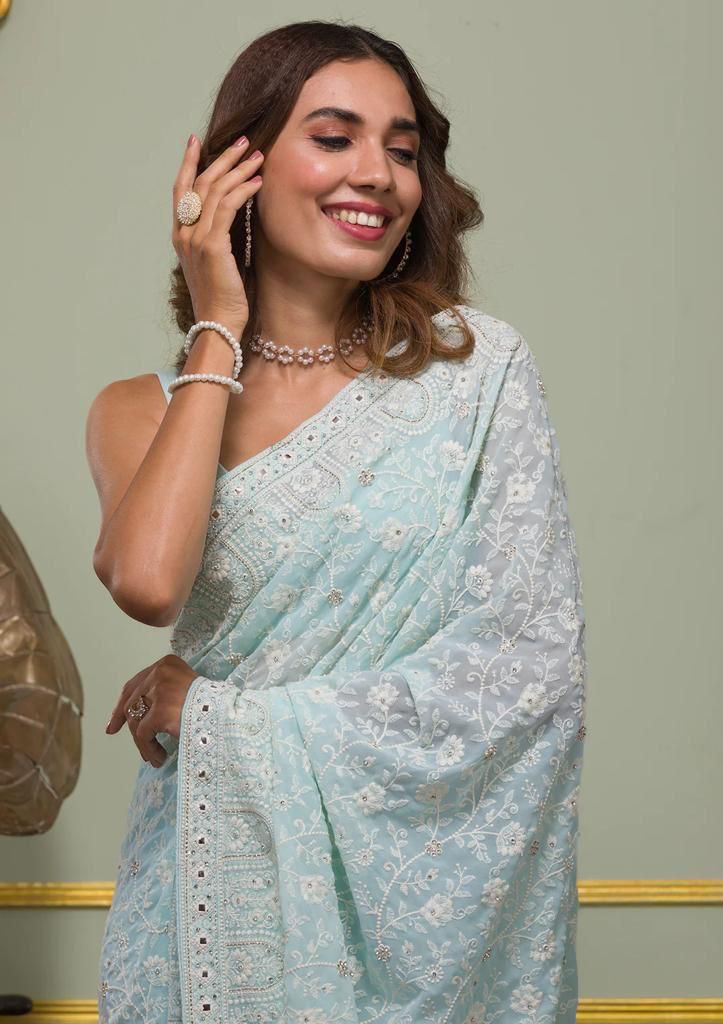 Faux geogert saree with white thread & seqnce