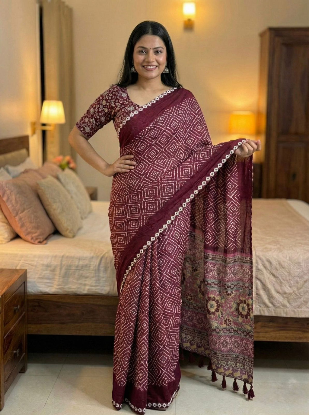 PURE MOSS KALMAKARI WITH BANDHANI SAREE