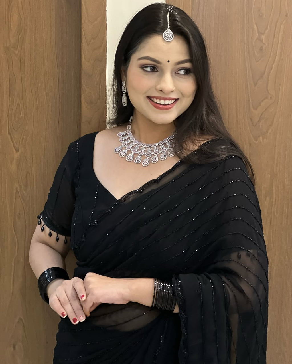 Fox Georgette Wedding Saree With Beautiful Khatli